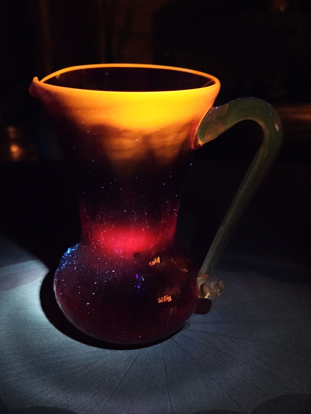 Vintage Mid-Century Ruby Red Crackle Glass Mini Pitcher, UV Reactive Cadmium